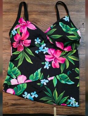 Caribbean Joe Black Tropical Floral Tankini Top - Pink, Green, Blue